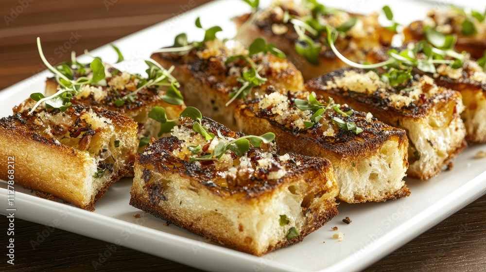 Crispy Bread Segments Topped with Fresh Microgreens and Herbs Crispy Bread Segments Topped with Fresh Microgreens and Herbs