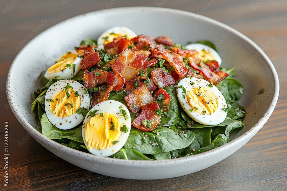 food photography, Close-Up Spinach Salad with hard-boiled eggs and Warm , Fresh spinach leaves, crispy bacon, and a warm tangy dressing.Healthy Recipes, homemade,wholesome,hearty food food photography, Close-Up Spinach Salad with hard-boiled eggs and Warm , Fresh spinach leaves, crispy bacon, and a warm tangy dressing.Healthy Recipes, homemade,wholesome,hearty food