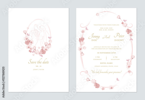 Wedding invitation template set of minimalist pink floral oval frame on a white background, creating a romantic and timeless feel