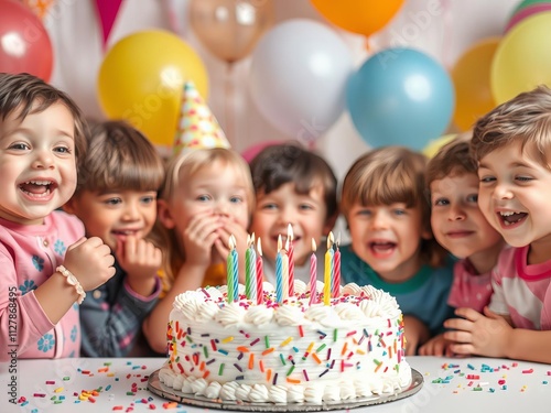 Children celebrating a birthday party with a colorful cake and smiling faces, birthday, festive