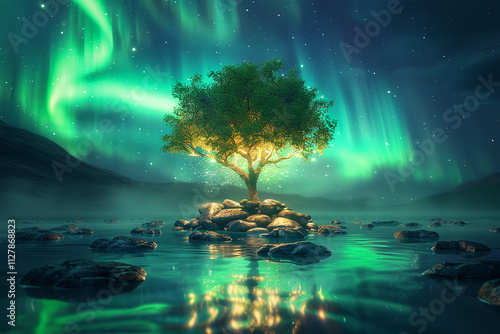 Surreal Nature Scene with Glowing Tree