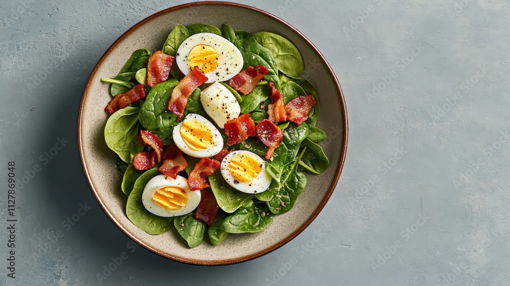 food photography, Close-Up Spinach Salad with hard-boiled eggs and Warm , Fresh spinach leaves, crispy bacon, and a warm tangy dressing.Healthy Recipes, homemade,wholesome,hearty food food photography, Close-Up Spinach Salad with hard-boiled eggs and Warm , Fresh spinach leaves, crispy bacon, and a warm tangy dressing.Healthy Recipes, homemade,wholesome,hearty food