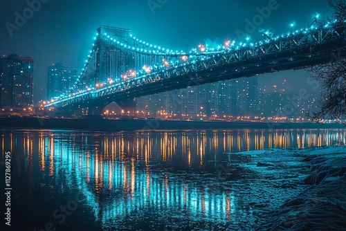 A city bridge illuminated with sparkling blue and white lights, reflecting off the calm river below, the sky, Generative AI 