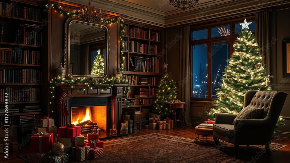 Classic living room and library with a cozy armchair, a glowing Christmas tree, a decorated fireplace, and gift present boxes in a festive holiday evening setting, gift present boxes, dark night Classic living room and library with a cozy armchair, a glowing Christmas tree, a decorated fireplace, and gift present boxes in a festive holiday evening setting, gift present boxes, dark night