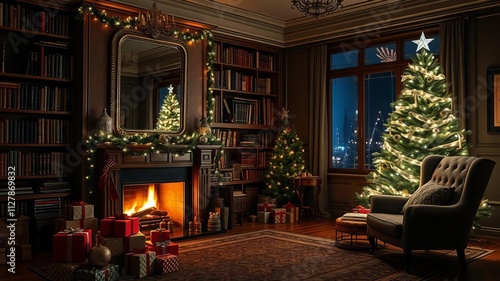 Classic living room and library with a cozy armchair, a glowing Christmas tree, a decorated fireplace, and gift present boxes in a festive holiday evening setting, gift present boxes, dark night