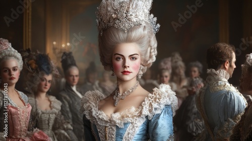 Elegant woman, 18th-century gown, lavish headpiece, courtly scene.