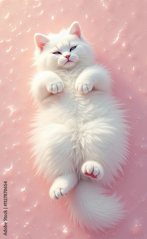 Fototapeta premium An adorable white kitten peacefully sleeping on a soft surface