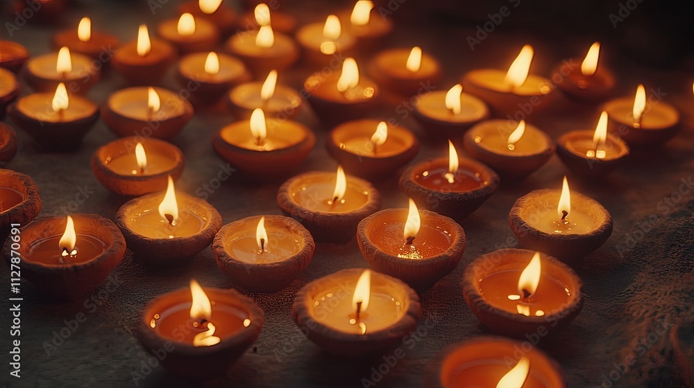 Many small clay candles burning with a warm glow on a dark surface. Many small clay candles burning with a warm glow on a dark surface.