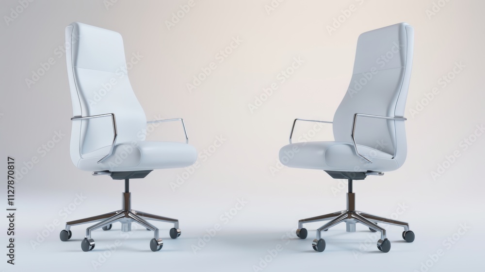 Modern white office chairs with chrome bases facing each other on light background, furniture, interior, workspace concept Modern white office chairs with chrome bases facing each other on light background, furniture, interior, workspace concept