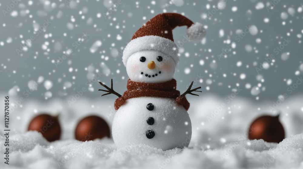 cheerful snowman wearing red hat and scarf stands in snow, surrounded by festive ornaments. Snowflakes gently fall, creating magical winter scene cheerful snowman wearing red hat and scarf stands in snow, surrounded by festive ornaments. Snowflakes gently fall, creating magical winter scene
