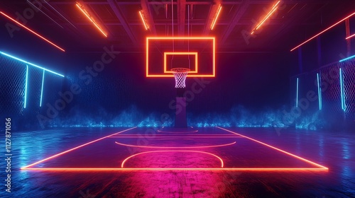 Neon basketball court with a hoop and blue and orange lights.