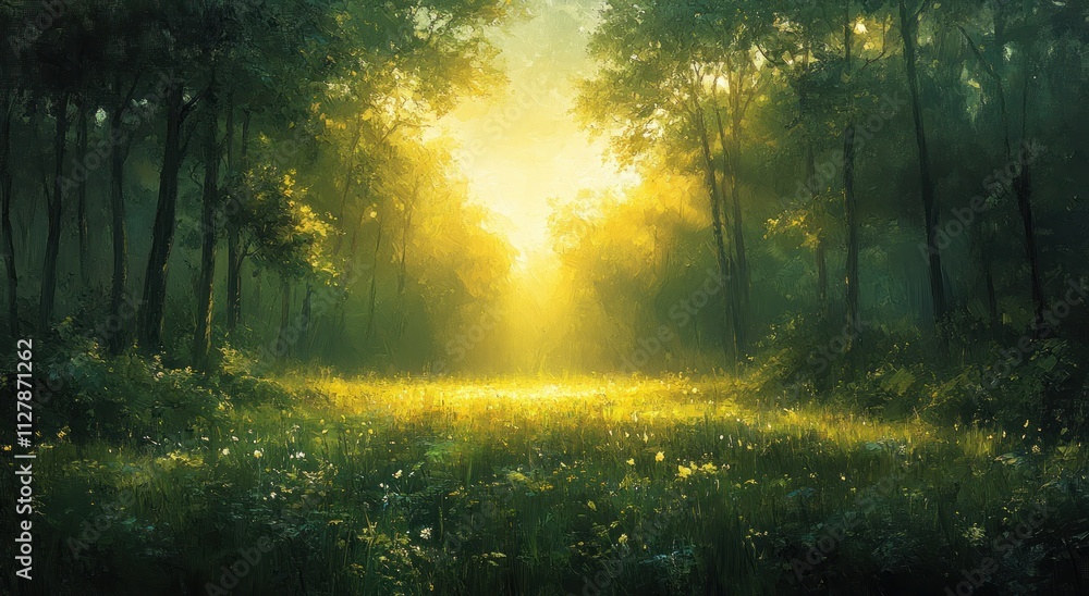 Lush Green Park Landscape Under Golden Sunlight with Fresh Grass and Colorful Foliage Lush Green Park Landscape Under Golden Sunlight with Fresh Grass and Colorful Foliage