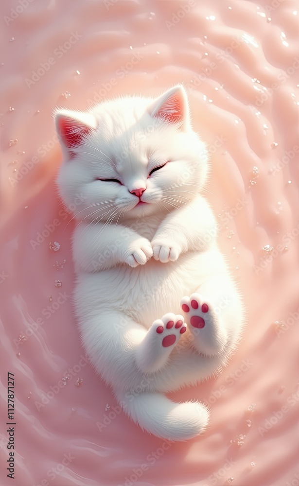 Fototapeta premium An adorable white kitten peacefully sleeping on a soft surface
