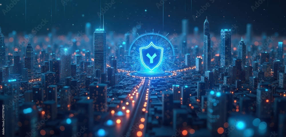 Digital city futuristic landscape with tech security symbol. Modern city buildings glow in night. Cyber security tech in action. Innovative digital tech city. Future concept art. Neural networks, Digital city futuristic landscape with tech security symbol. Modern city buildings glow in night. Cyber security tech in action. Innovative digital tech city. Future concept art. Neural networks,