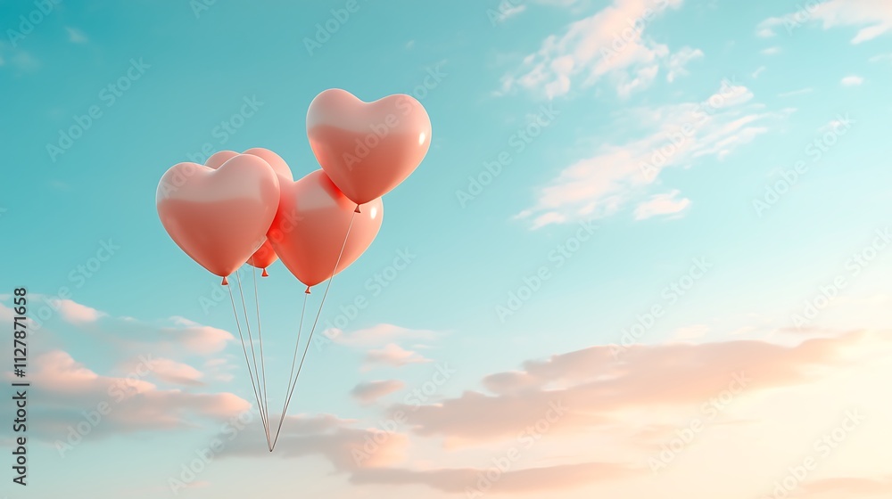 Heart-shaped balloons floating in the sky romantic scene perfect valentine's day background Heart-shaped balloons floating in the sky romantic scene perfect valentine's day background