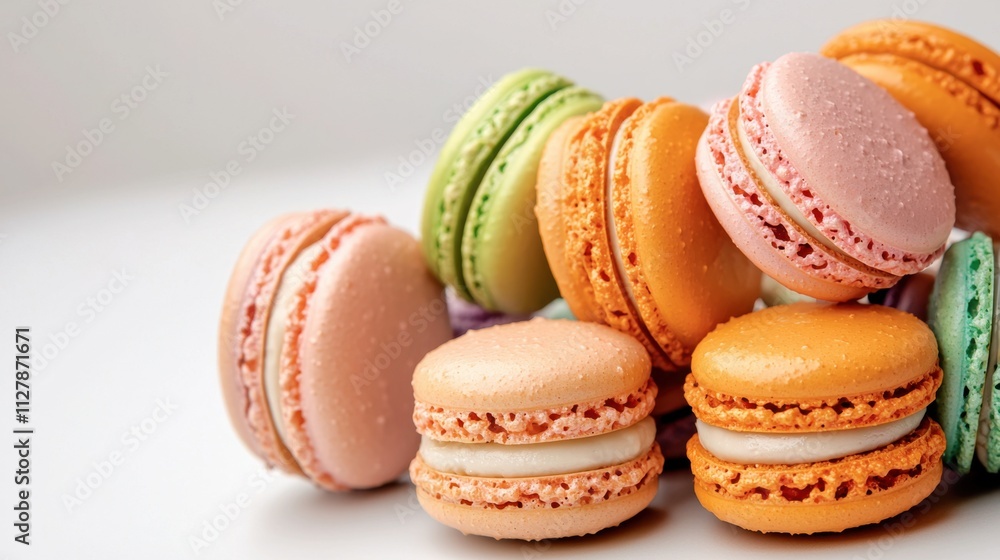 Fototapeta premium A tempting display of vibrant macaroons in various pastel hues set against a crisp white background, creating a visually striking and mouthwatering composition.