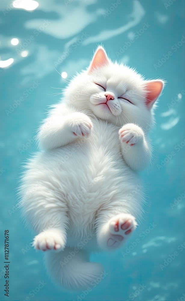 Fototapeta premium An adorable white kitten peacefully sleeping on a soft surface