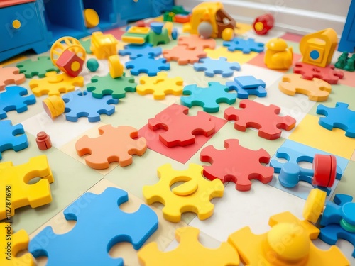 Colorful baby toys scattered on a puzzle floor covering in a playful playroom, pattern, scattered photo