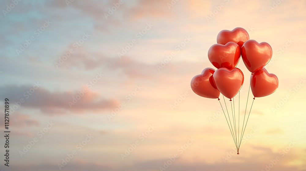 Fototapeta premium Aerial view of valentine's day sky with heart balloons in a romantic celebration mood