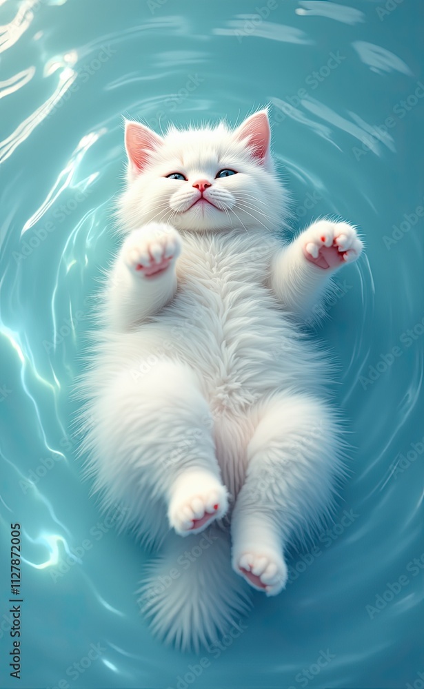 Fototapeta premium An adorable white kitten peacefully sleeping on a soft surface