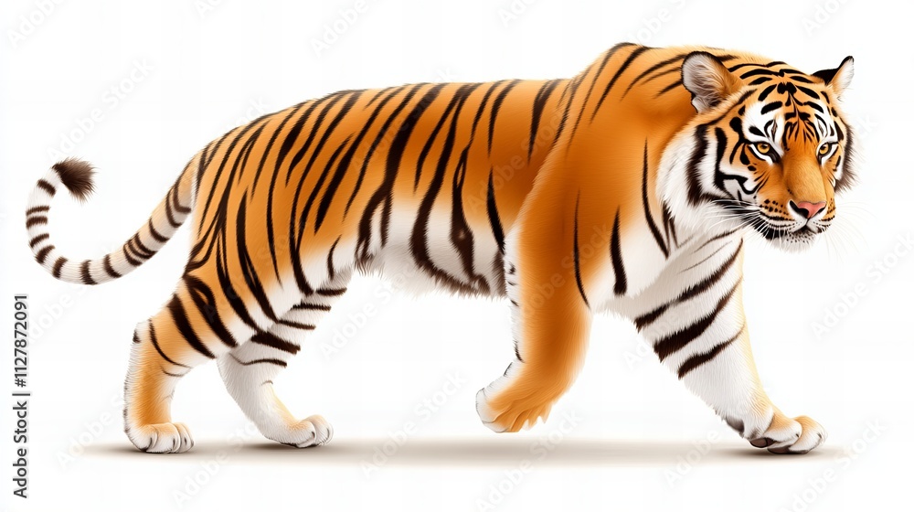 Obraz premium A majestic orange tiger with black stripes walks gracefully, showcasing its powerful physique.