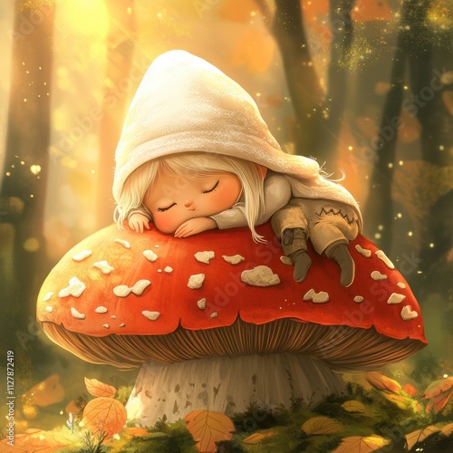 Cute little girl gnome spirit sleep on a mushroom in Spring garden with flowers photo