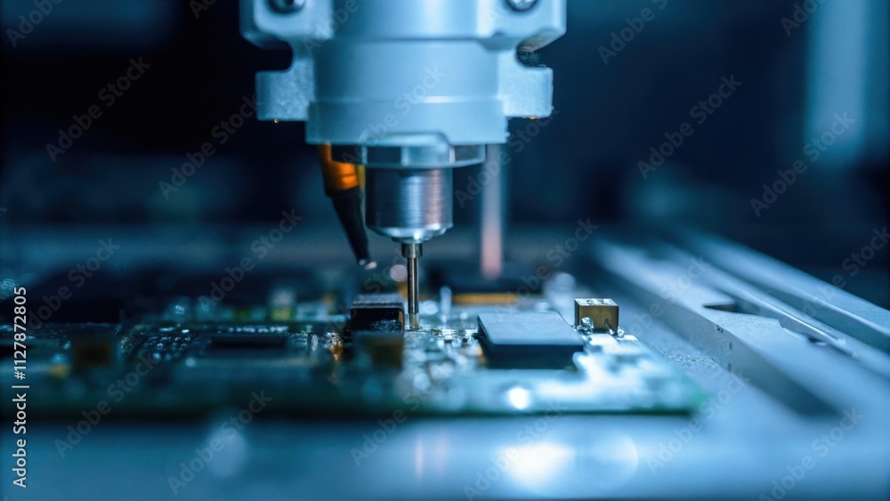A robotic arm meticulously placing tiny components onto a motherboard for IoT devices with a focus on precision and detail in the movement. A robotic arm meticulously placing tiny components onto a motherboard for IoT devices with a focus on precision and detail in the movement.