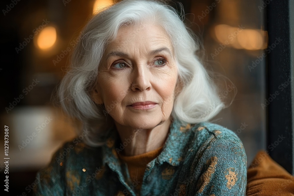 Elderly Woman with White Hair in Cozy Kitchen Portrait Serious Expression Warm Nostalgia Elderly Woman with White Hair in Cozy Kitchen Portrait Serious Expression Warm Nostalgia