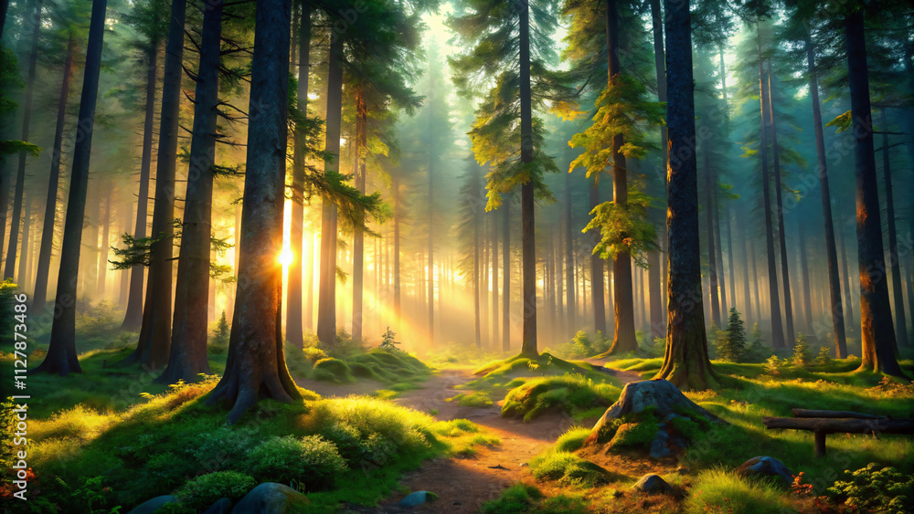 Obraz premium Misty morning sunlight filters through a canopy of golden autumn leaves in a serene woodland path