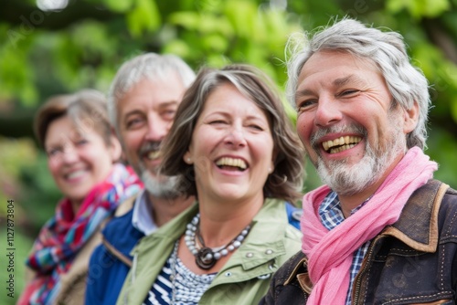 Group of senior friends standing together in a garden smiling at the camera