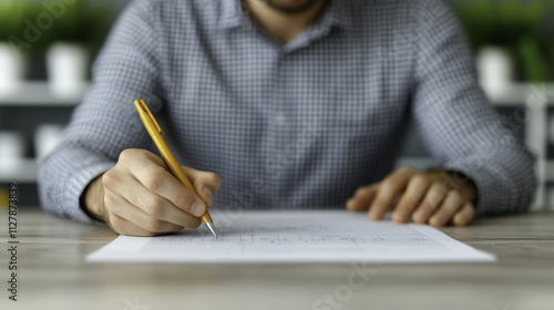 person filling out tax return document with pencil and pen on wooden table. background features greenery, creating calm atmosphere