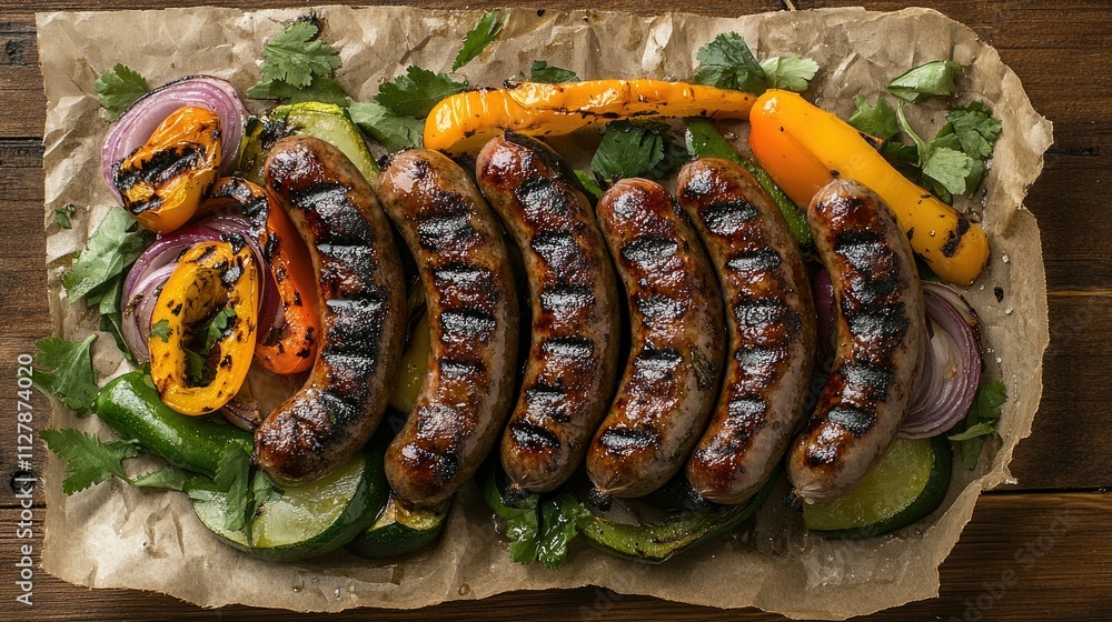 Grilled Sausages with Colorful Veggies on Rustic Wooden Background Grilled Sausages with Colorful Veggies on Rustic Wooden Background