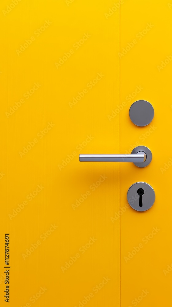 Bright Yellow Door with Simple Handle and Keyhole on Solid Background Bright Yellow Door with Simple Handle and Keyhole on Solid Background
