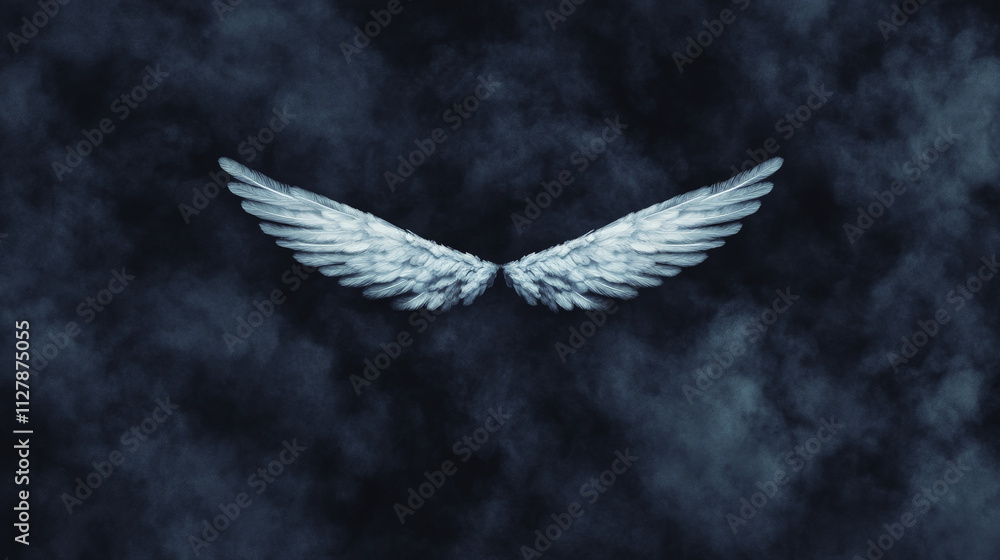 Ethereal angel wings glowing softly against dark, smoky background, creating mystical and serene atmosphere. Perfect for themes of spirituality and transcendence