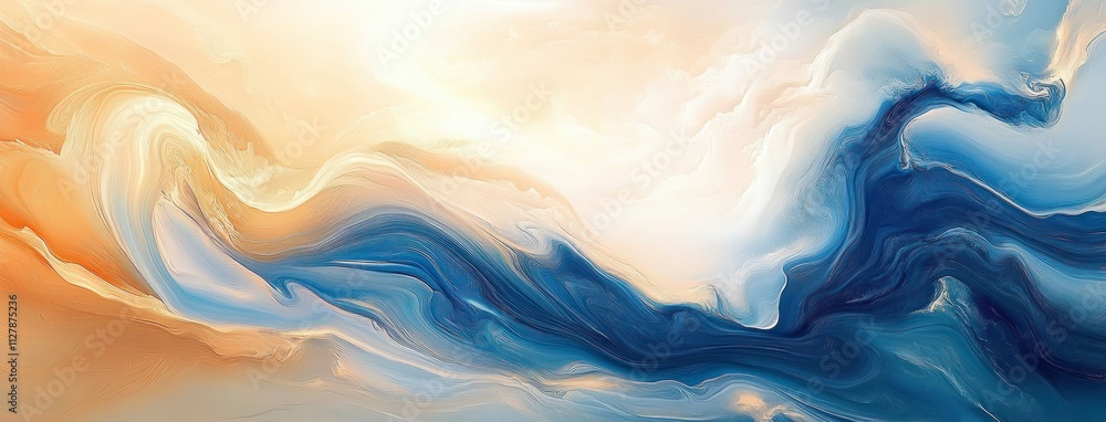 Obraz premium Abstract Fluid Art Blue Beige Marble Waves Gentle Curves Acrylic Painting Background