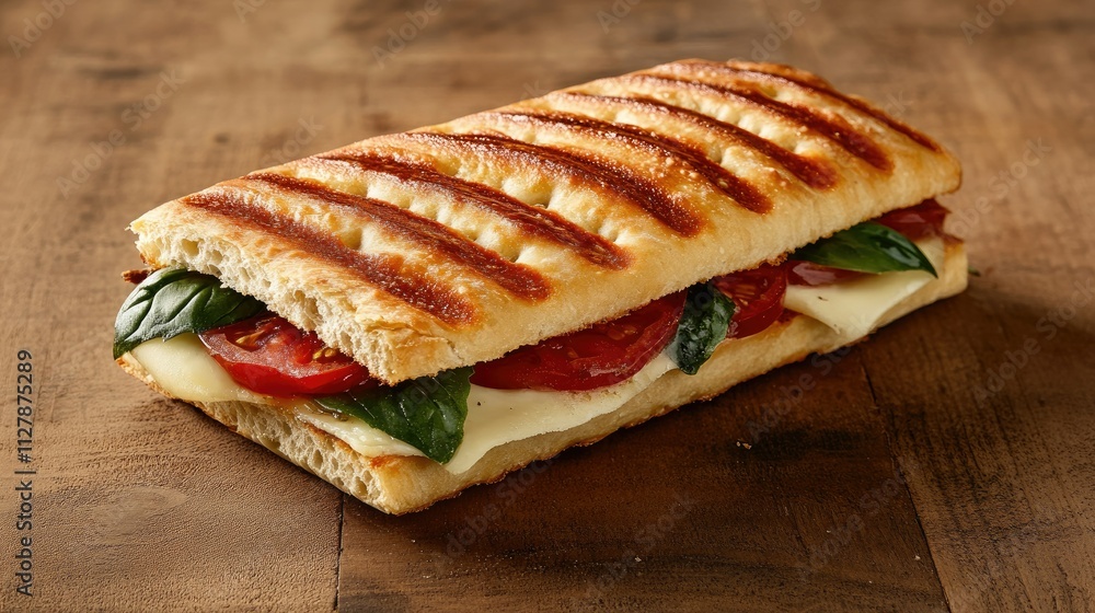 Freshly Grilled Panini with Tomato, Basil, and Melty Cheese Delight Freshly Grilled Panini with Tomato, Basil, and Melty Cheese Delight
