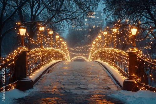 A historic city bridge decorated with elegant white lights, glowing under the night sky, the peaceful atmosphere, Generative AI