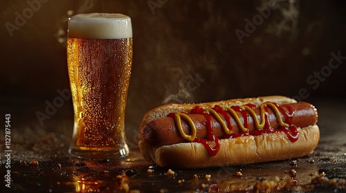 Delicious Hot Dog with Mustard and Ketchup Beside Beer Glass