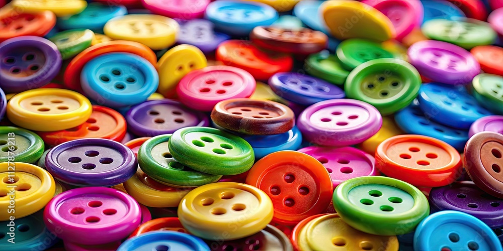 A rule of thirds composition frames a close-up macro shot of bright, assorted craft buttons, perfect for sewing projects. A rule of thirds composition frames a close-up macro shot of bright, assorted craft buttons, perfect for sewing projects.