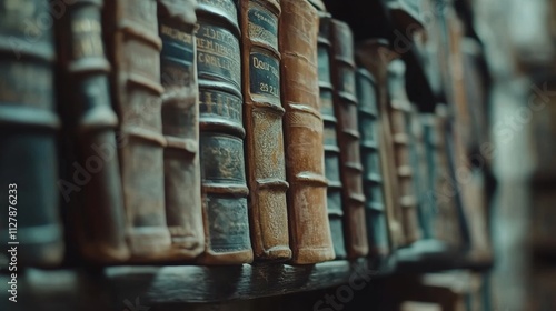 Close-Up of Old Stacked Books on a Wall in Vintage Library Setting photo