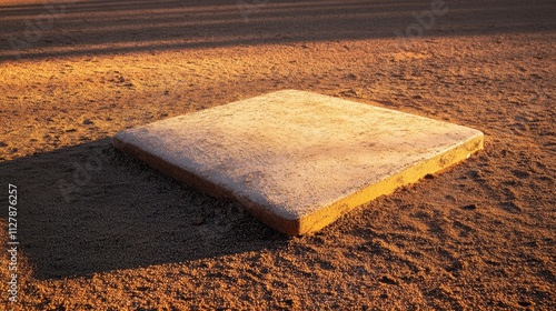 A baseball pitcher's mound rubber, outdoor setting with shadow from setting sun, Classic style photo