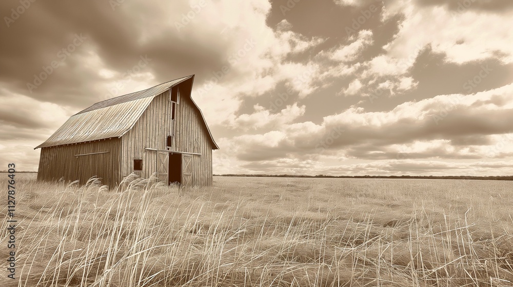 A sepia photograph of an old, weathered barn standing alone in an open field, with tall grass gently swaying in the wind under a cloudy sky. 32k, full ultra hd, high resolution A sepia photograph of an old, weathered barn standing alone in an open field, with tall grass gently swaying in the wind under a cloudy sky. 32k, full ultra hd, high resolution