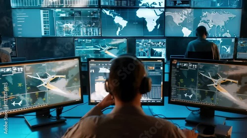 Military Operation Center, Army IT professional examining national satellite surveillance footage, transmitting real time important information from base to the general headquarters.