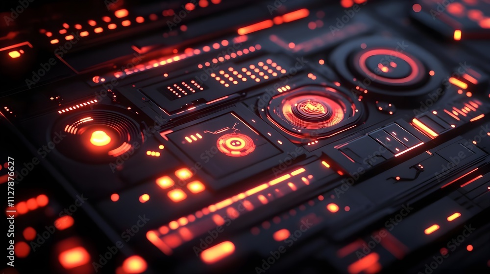 Obraz premium Futuristic Sci-Fi Interface with Glowing Red and Black Cyberpunk Aesthetic, High-Tech Digital Control Panel Design with Holographic Elements and Advanced User Interface Layout