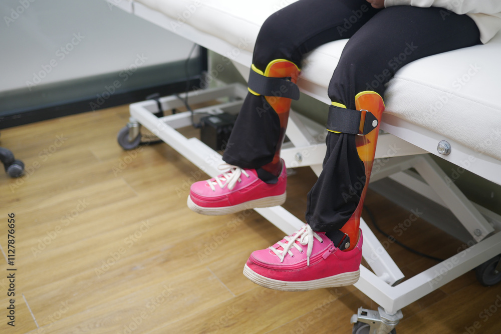 Child's Legs With Orthopedic Braces and Bright Pink Shoes on Clinic Bed Child's Legs With Orthopedic Braces and Bright Pink Shoes on Clinic Bed