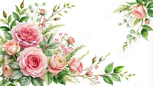 Fototapeta Naklejka Na Ścianę i Meble -  Elegant watercolor floral arrangement with pink roses and greenery, perfect for wedding invitations or romantic designs