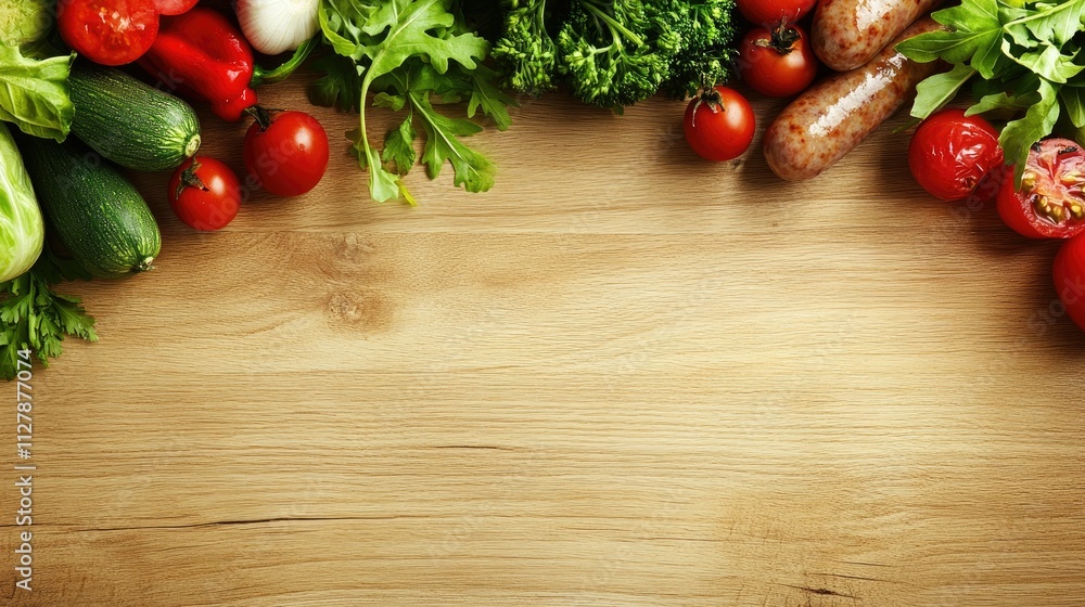 Fresh Vegetables and Sausages Displayed on Rustic Wooden Surface Fresh Vegetables and Sausages Displayed on Rustic Wooden Surface