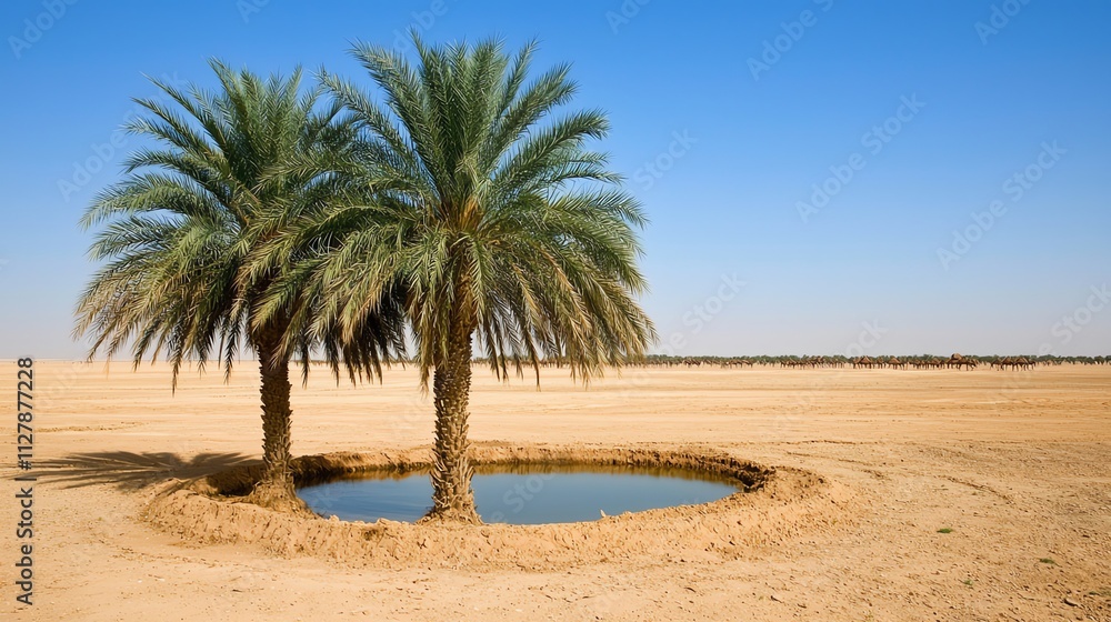 Two palm trees stand near a small pond in a vast desert landscape under a clear blue sky. Two palm trees stand near a small pond in a vast desert landscape under a clear blue sky.