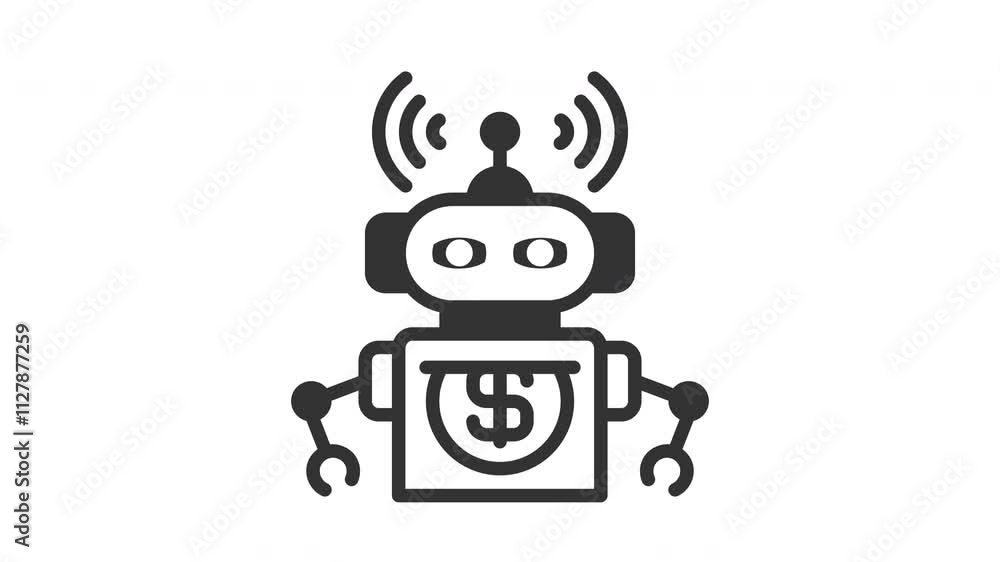 Animated robot advisor with robot and money sign. Suitable for finance, technology, blockchain, digital, connected, online, system, internet, big data, web, fintech, cyberspace and business Animated robot advisor with robot and money sign. Suitable for finance, technology, blockchain, digital, connected, online, system, internet, big data, web, fintech, cyberspace and business