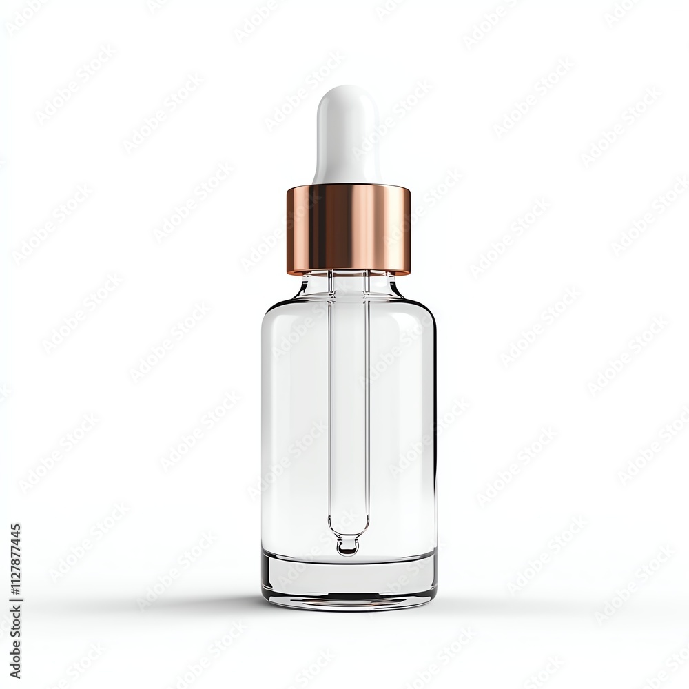 A clear glass dropper bottle with a white pipette and a shiny rose gold cap, typically used for essential oils or serums. A clear glass dropper bottle with a white pipette and a shiny rose gold cap, typically used for essential oils or serums.